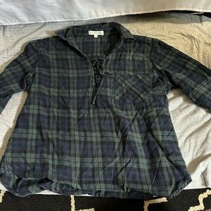 feminine cut plaid shirt with crisscross tie neck